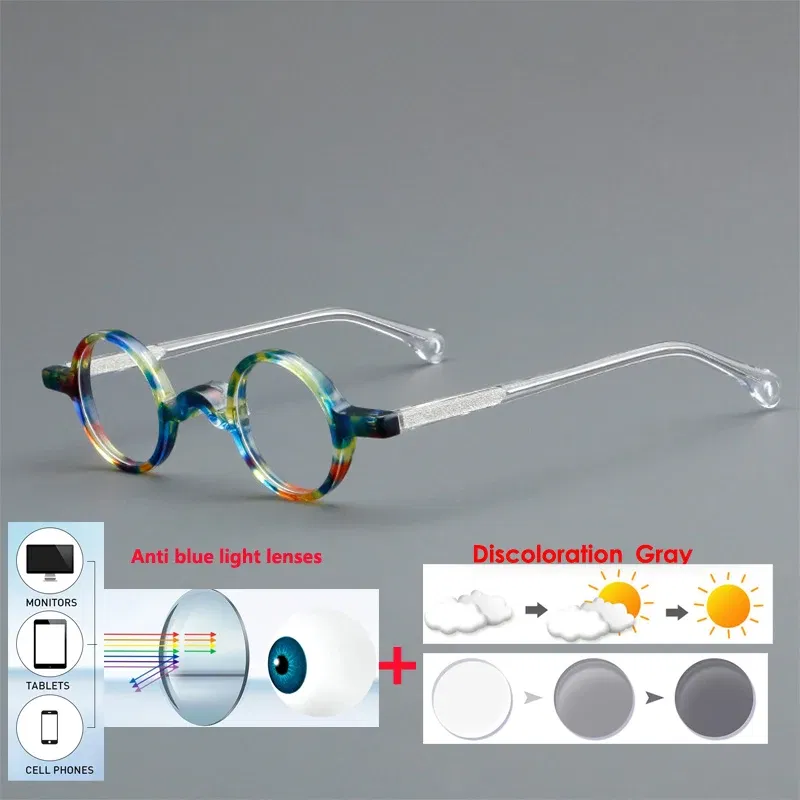 Frame Color: Milky White, Eye Prescription: +200 - VCKA Photochromic Acetate Myopia Glasses Men Retro Small Round Frames Women Custom prescription Anti-Blue Eyewear -0.5 TO -10