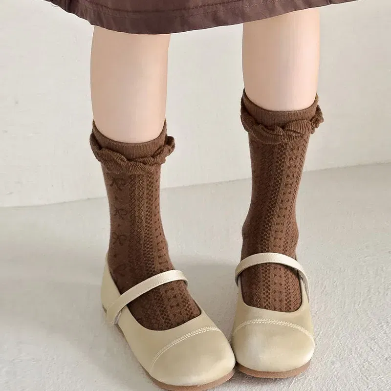 Color: black, Size: 7-9T - Girls Ruffle Socks Baby Mid Calf Socks Autumn Children's Socks Retro Maillard Style Cotton Socks