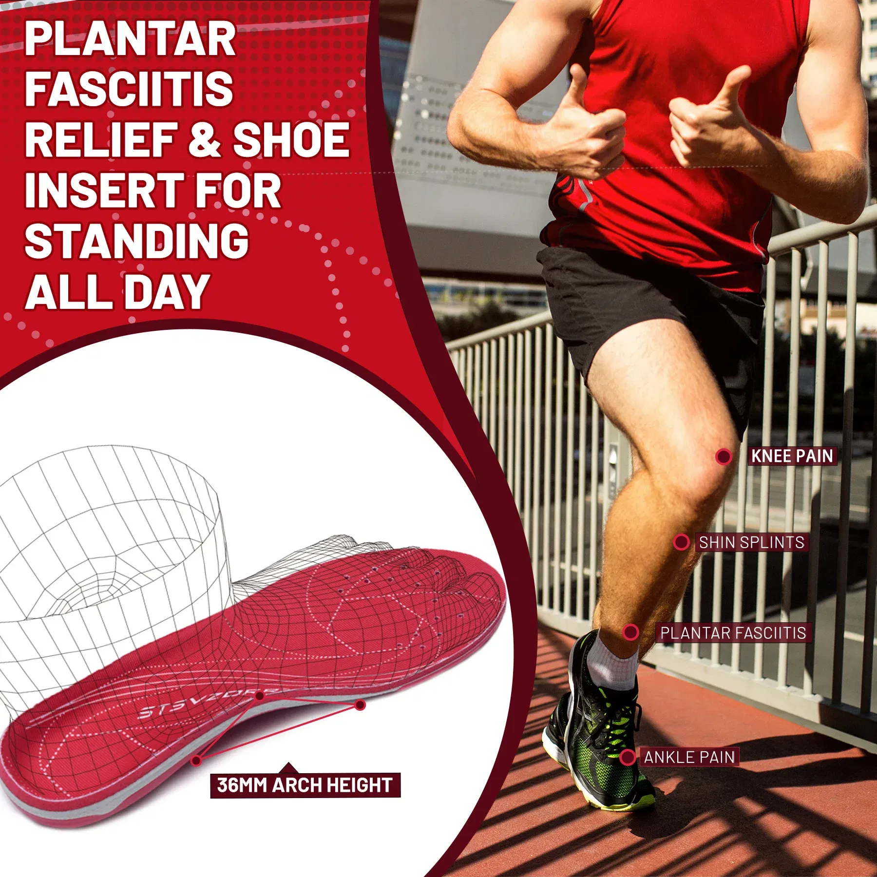 Arch Heavy Support Pain Relief Orthotics Flat Foot Heel Pads Plantar Fasciitis Work Boots Insole Inserts for Men and Wome