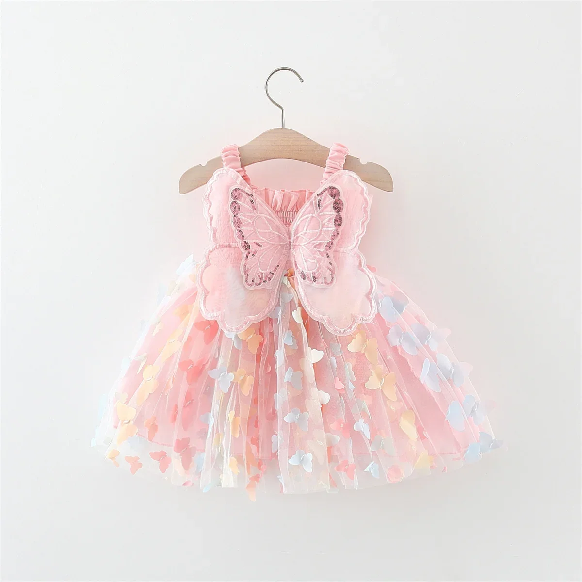 Color: Pink, Kid Size: 6M - New Summer Baby Girl Dress Halter Butterfly Back Wings Fantasy Princess Dress Sweet Birthday Party Team Dress