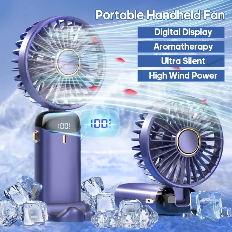 Color: Red - USB Handheld Mini Fan Foldable Portable Neck Hanging Fans 5 Speed USB Rechargeable Fan with Phone Stand and Display Screen