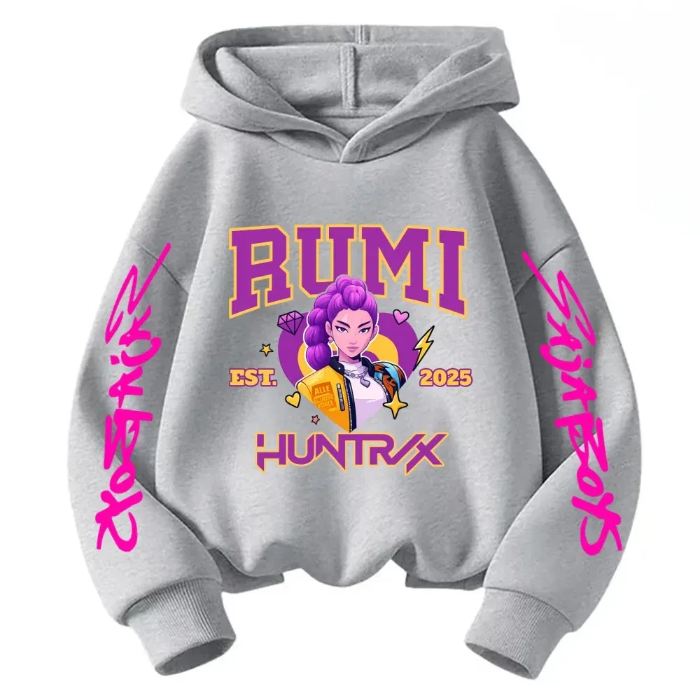Color: Khaki, Kid Size: 6 - 2025 KPop Devil Hunter Cartoon Girl Boy Hooded Sweatshirt Kawaii Children's Korean Wave Casual Fashion Top