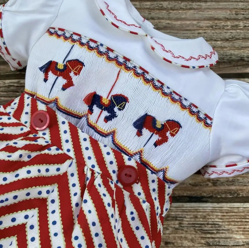 Kid Size: 18M - 0-3Y Boy Summer White Horse Smocked Outfit Suit A11