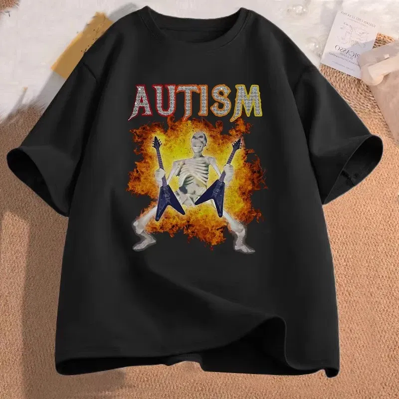 Color: Gold, Size: XL - Autistic Funny Skeleton T Shirt Women Men Autism Edgy Skeleton Meme T-shirt Casual Short Sleeve Tshirt Round Neck Clothes