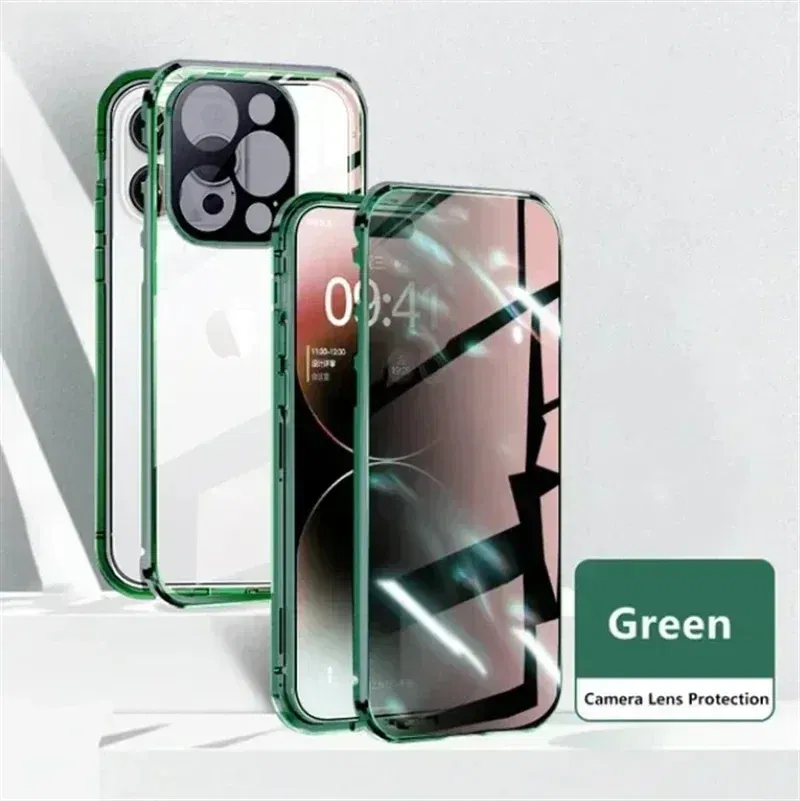 Color: green, Material: PE - Double-Sided Privacy Magnetic Case For iPhone 16 12 13 14 15 11 Pro Max 14 Plus 16 Plus Anti Peeping Full Cover Metal Frame Case