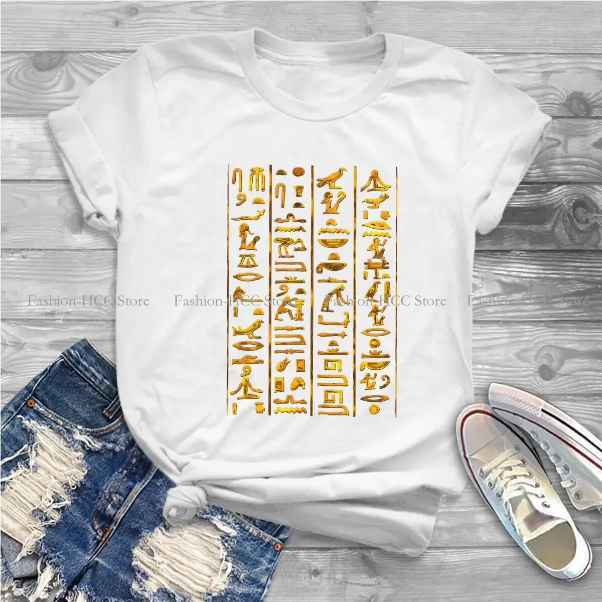 Color: WHITE, Size: S - Ancient Egypt Culture Polyester TShirts Hieroglyphs Gold On Black Distinctive Women's T Shirt Funny Tops