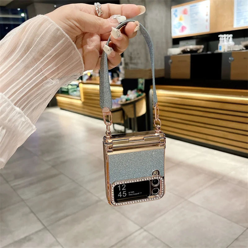 Color: SKY BLUE, Material: ABS - For Samsung Galaxy Z Flip 6 5 4 3 Case 3D Jewelled Diamond Luxury Gradient Bling Glitter Wrist Strap Holder Tote Bags Cover