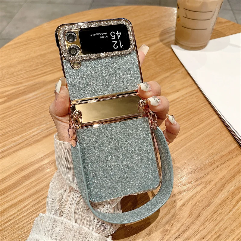 Color: SKY BLUE, Material: ABS - For Samsung Galaxy Z Flip 6 5 4 3 Case 3D Jewelled Diamond Luxury Gradient Bling Glitter Wrist Strap Holder Tote Bags Cover