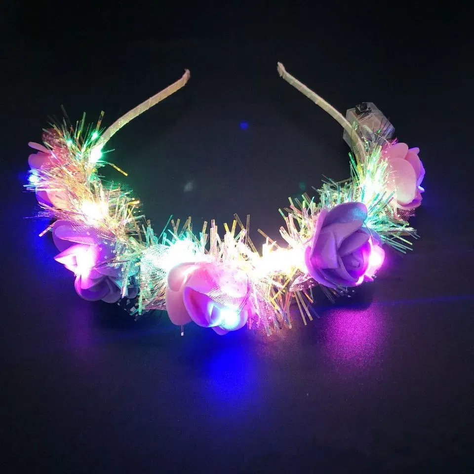 Color: Lavender - Luminous Rose Flower Headband LED Light up Wreath for Women Girl Bridal Wedding Party Hairband Christmas Valentine's Day Gifts