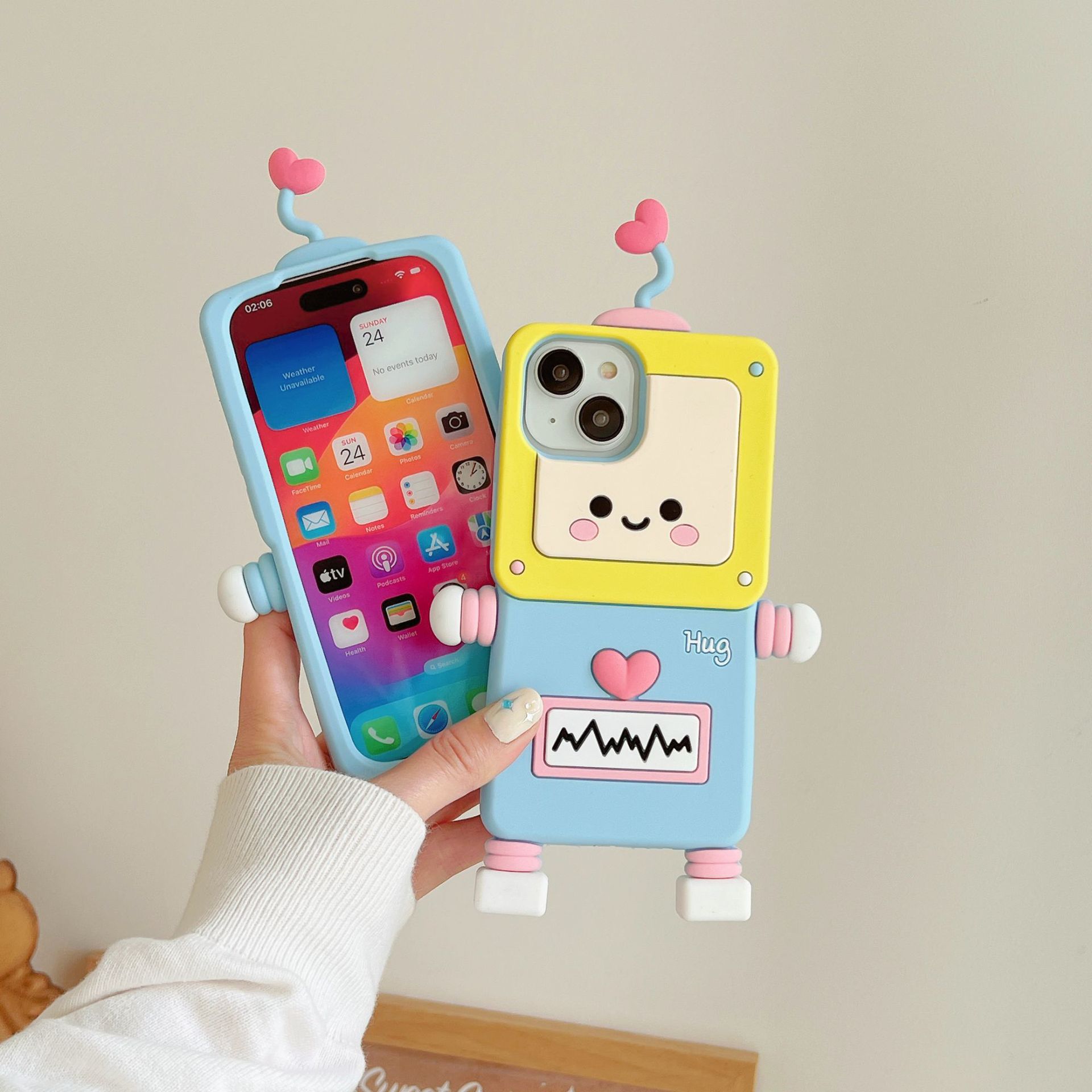 Material: ABS, Color: Beige - New Cartoon Love Antenna Robot Phone Case For iPhone 15 14 13 12 Pro Max 11 Drop Resistant Case Card