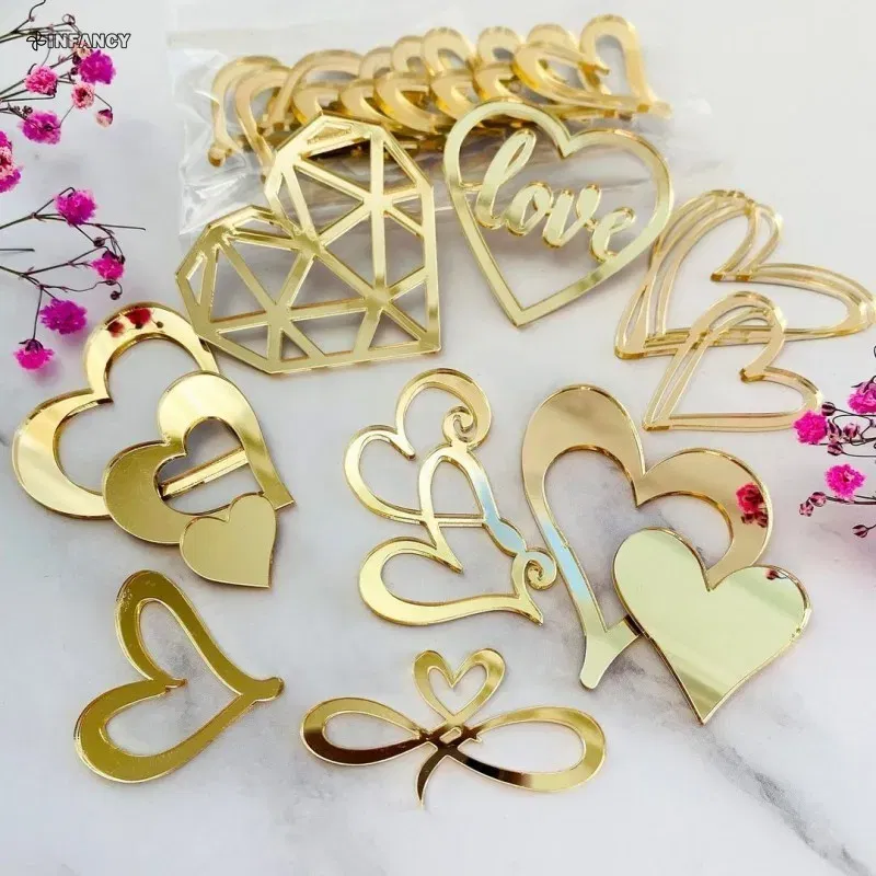 Color: Gold - 1Pcs Acrylic Cake Toppers Supplies Hearts Baking Dessert Flag Placard Decoration Proposal Anniversary Wedding Birthday Party