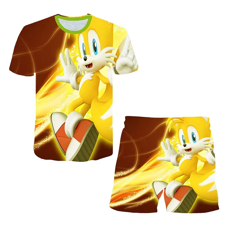 Color: Gold, Size: 10cm - New Japanese cartoon Sonic T-shirt children's top T-shirt shorts two-piece set summer boy cartoon cute T-shirt+beach pants