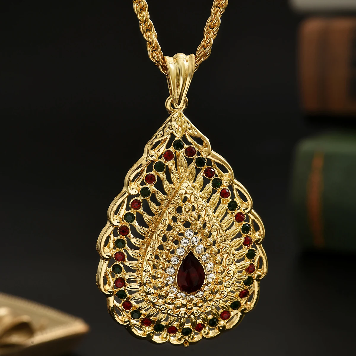 Metal color: BROWN - Shiny, Luxurious And Unique Metallic Multi-Colored Hollow Drop-Shaped Pendant Necklace With A Fine Chain And Adjustable Design.