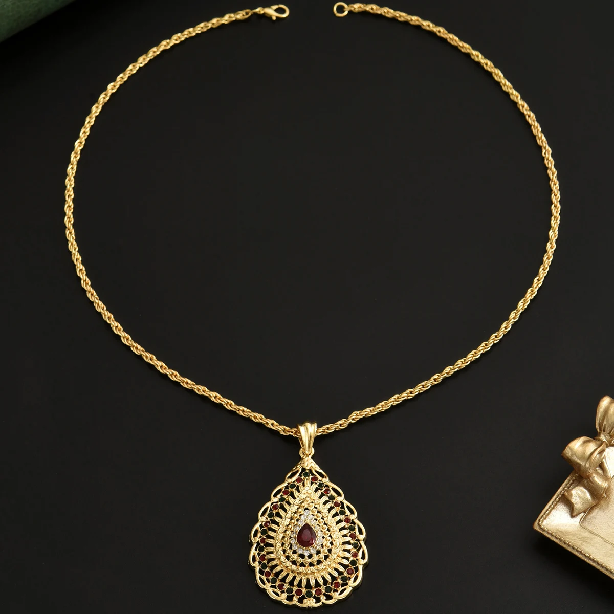 Metal color: BROWN - Shiny, Luxurious And Unique Metallic Multi-Colored Hollow Drop-Shaped Pendant Necklace With A Fine Chain And Adjustable Design.