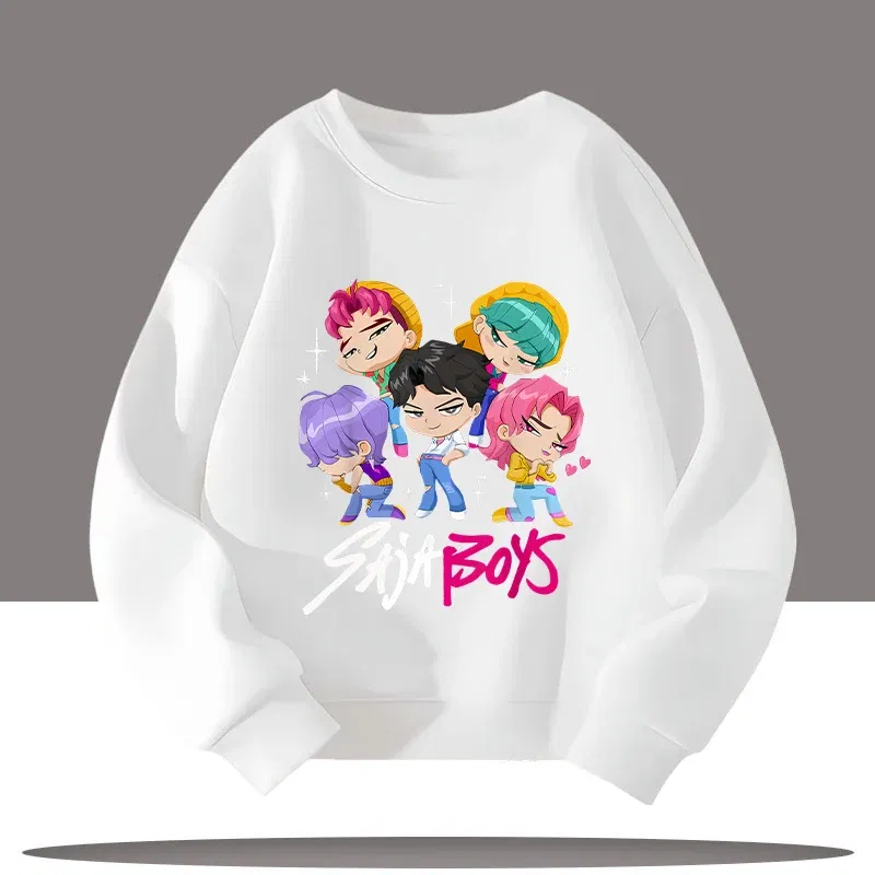 Color: SKY BLUE, Kid Size: 7 - K-pop Demon Hunters Cartoon Print 3-12 Year Old New Style Kids Round-neck Sport Shirt Cute Girl Casual Top Children's Clothing