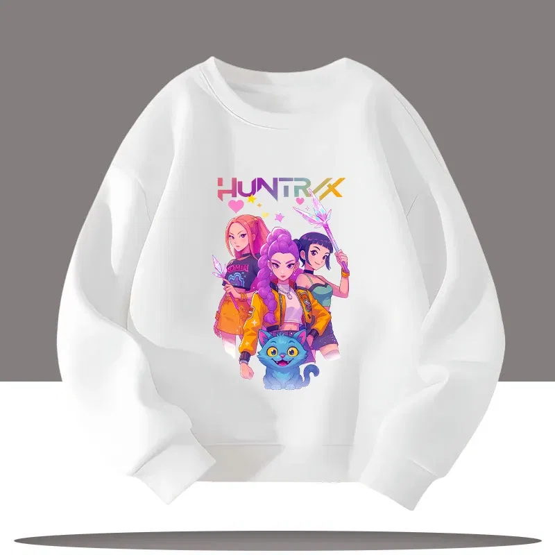 Color: SKY BLUE, Kid Size: 7 - K-pop Demon Hunters Cartoon Print 3-12 Year Old New Style Kids Round-neck Sport Shirt Cute Girl Casual Top Children's Clothing