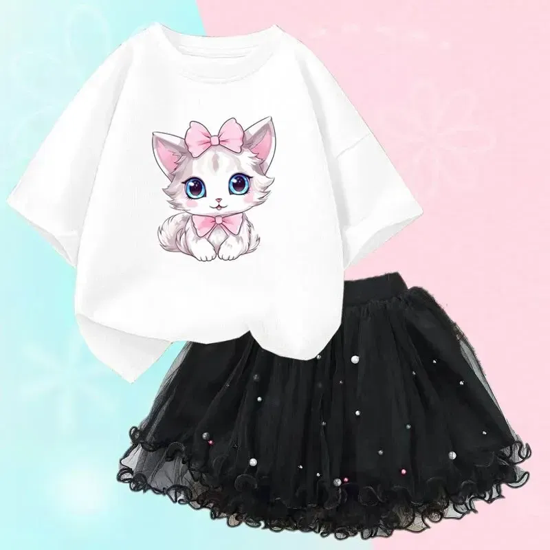 Kid Size: 6T, Color: Beige - Cute Summer Girls Outfits Cartoon Cat T-shirt and Tutu Skirt 2pc/Set Girl Princess Clothes Suit Children Birthday Clothing