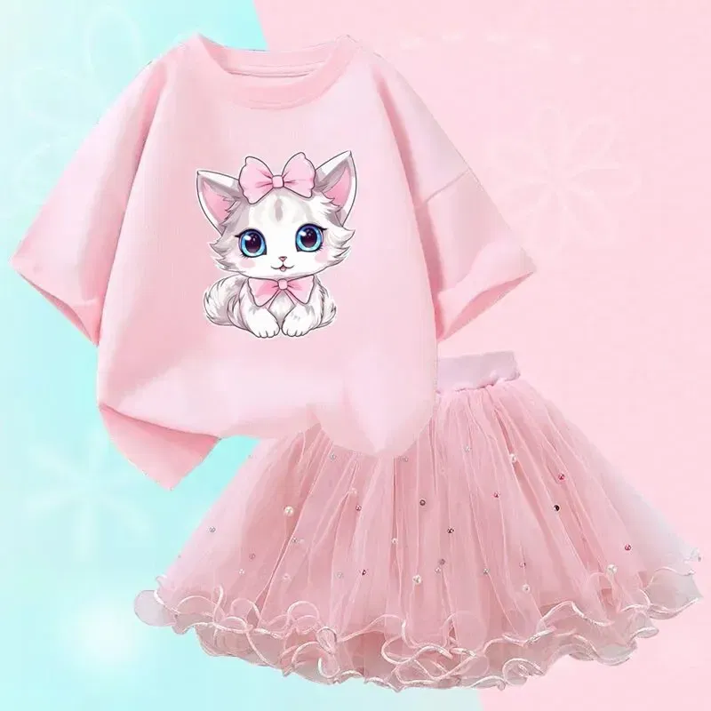 Kid Size: 6T, Color: Beige - Cute Summer Girls Outfits Cartoon Cat T-shirt and Tutu Skirt 2pc/Set Girl Princess Clothes Suit Children Birthday Clothing