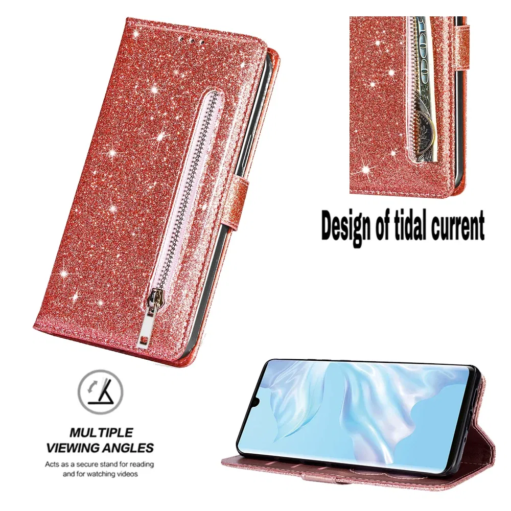 Color: Gold, Material: Genuine leather - Zipper Flip Wallet Glitter Leather Case for iPhone 16 15 14 13 12 11 Pro Max XS XR 8 7 Plus SE 2022 Mini Bling Stand Phone Cover