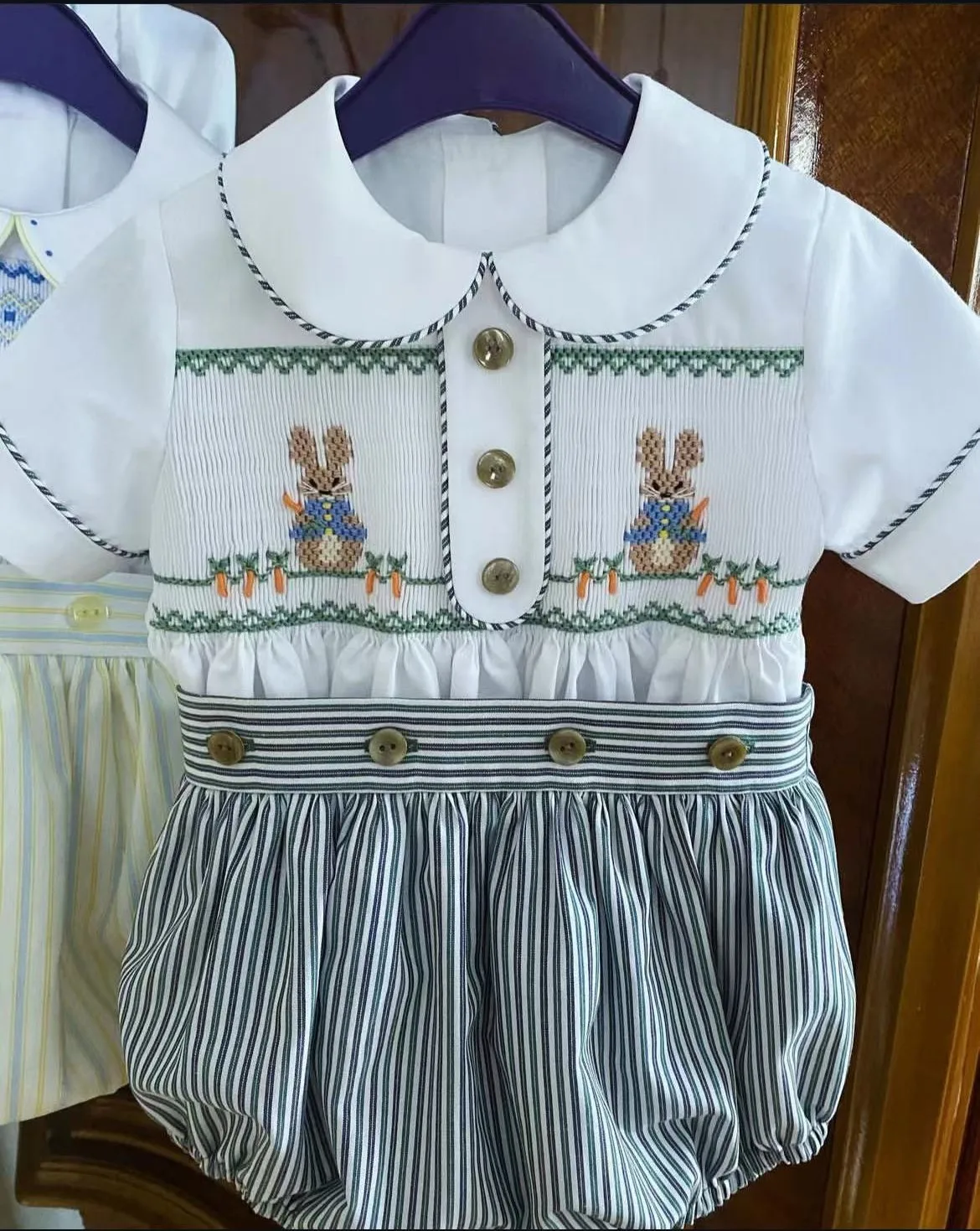 Kid Size: 6T - 0-6Y Baby Boy Summer Rabbit Handmade Embroidery Smocked Black Stripe Outfit Suit for Birthday Causal A109