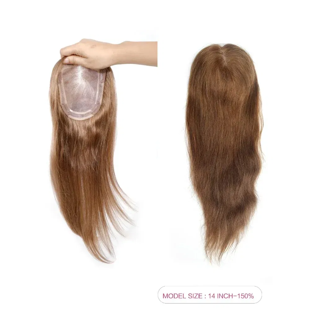 Toupee Color: 6#, Toupee Size: 5x7, Toupee Design: free, Toupee Density: 120%, Length: 16 inches - 5.5X6inch Mono Base Brazilian Remy Human Hair Topper 12"-18" Double Pu Around Thick Invisible Mono Topper for Women Hairpieces