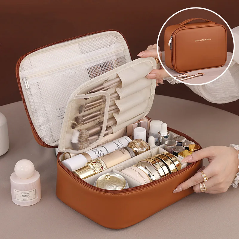Color: WHITE - PU Large Capacity Tote Makeup Bag Portable Travel Organizer Tolietry Cosmetic Storage Bag Luxury Women Double Layer Pouch