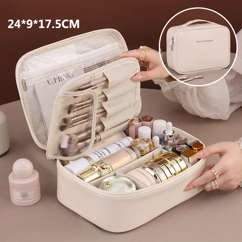 Color: WHITE - PU Large Capacity Tote Makeup Bag Portable Travel Organizer Tolietry Cosmetic Storage Bag Luxury Women Double Layer Pouch
