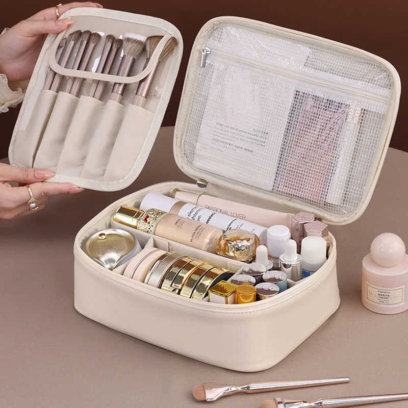 Color: WHITE - PU Large Capacity Tote Makeup Bag Portable Travel Organizer Tolietry Cosmetic Storage Bag Luxury Women Double Layer Pouch