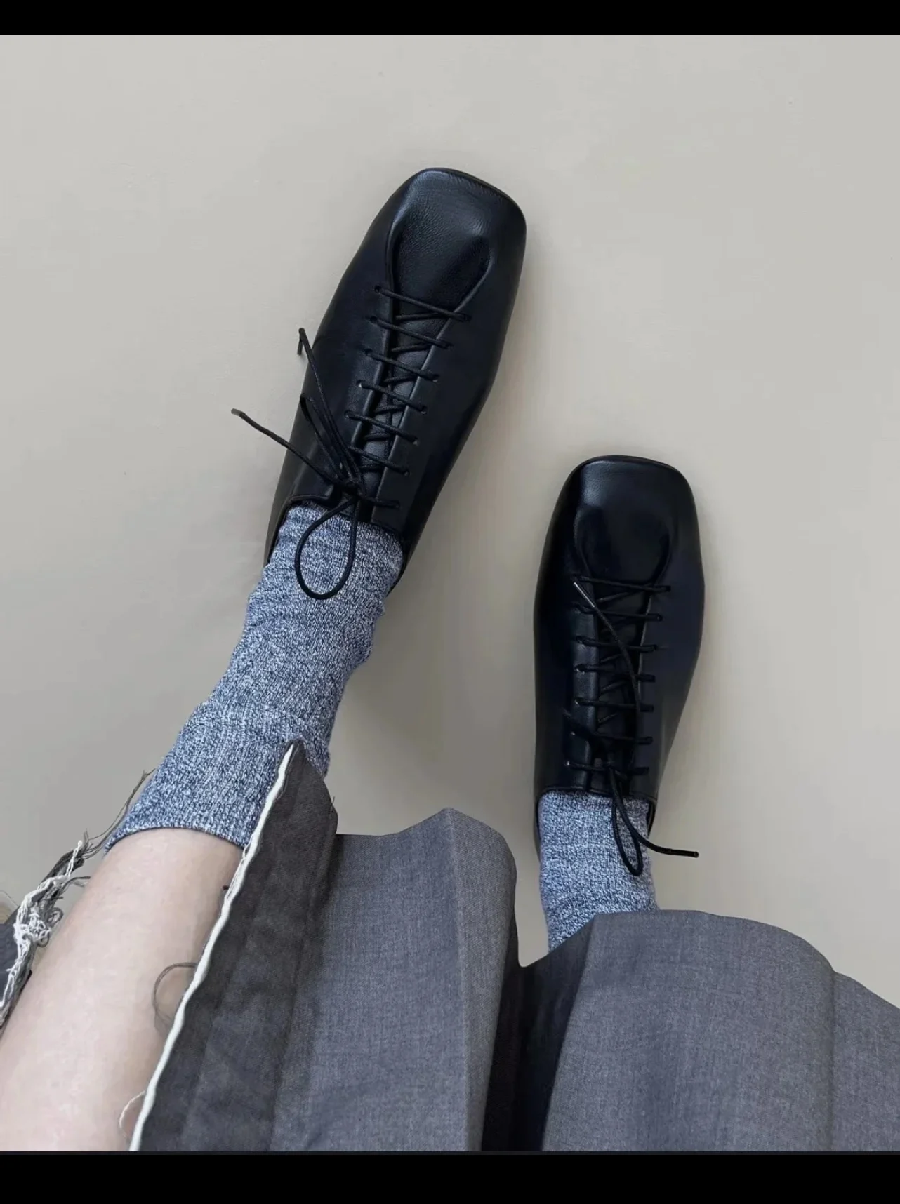 Le*re Sheepskin Oxfords Shoes Square Head DesginTie Up Flat Shoes 2025 New Luxury Design Shoes