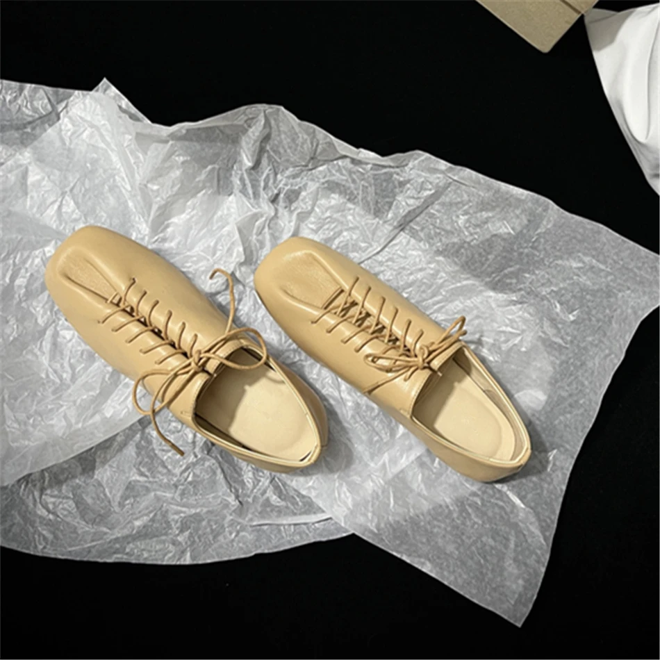 Le*re Sheepskin Oxfords Shoes Square Head DesginTie Up Flat Shoes 2025 New Luxury Design Shoes