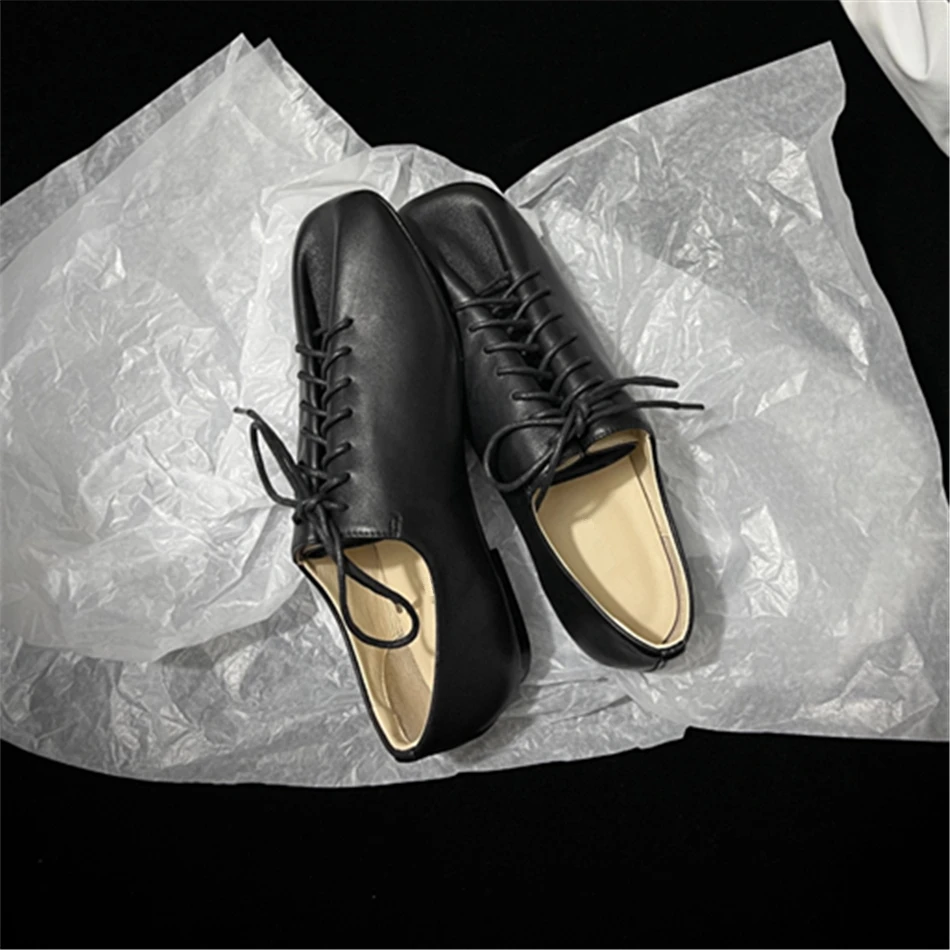 Le*re Sheepskin Oxfords Shoes Square Head DesginTie Up Flat Shoes 2025 New Luxury Design Shoes