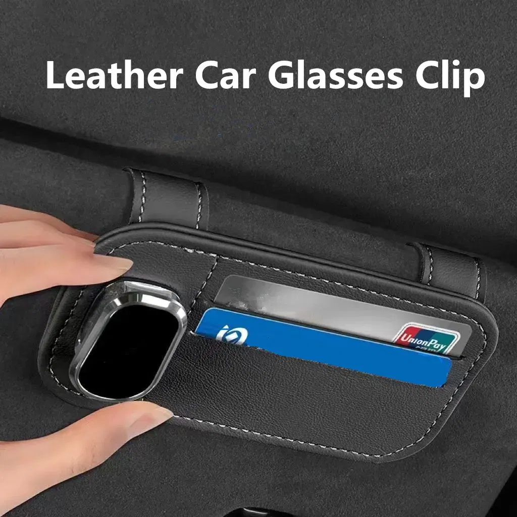 Color Name: Black - Multi-function Sunglasses Holder, Leather Glasses Holders for Car Sun Visor, Eyeglasses Hanger and Ticket Card Clip