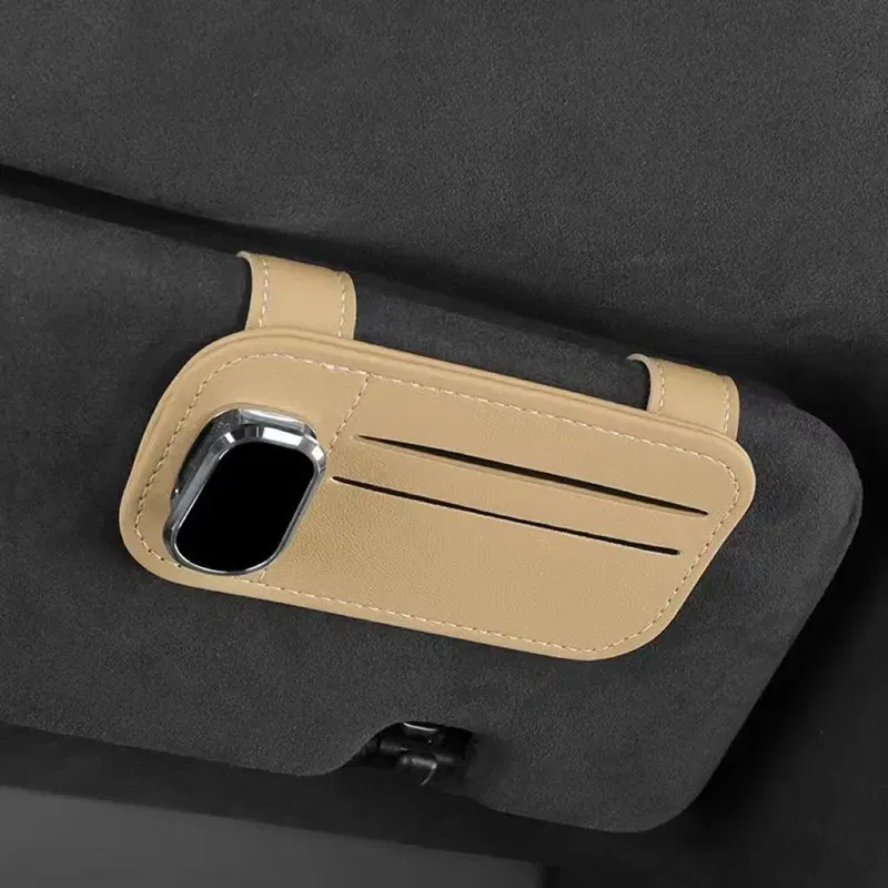Color Name: Black - Multi-function Sunglasses Holder, Leather Glasses Holders for Car Sun Visor, Eyeglasses Hanger and Ticket Card Clip