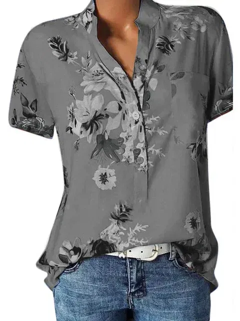 Color: GRAY, Size: XXXL - Temperament new women's shirt printing large size casual shirt loose V-neck short-sleeved shirt blouse