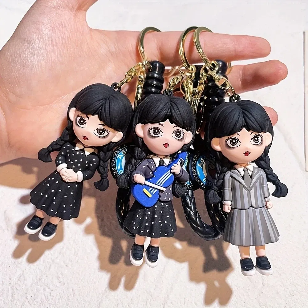 Color: PURPLE, Ships From: CHINA - Cartoon Wednesday Addams Silicone Keychain Pendant Car Backpack Bag Keyring 3D Doll Unisex Women Men Gifts Key Chain