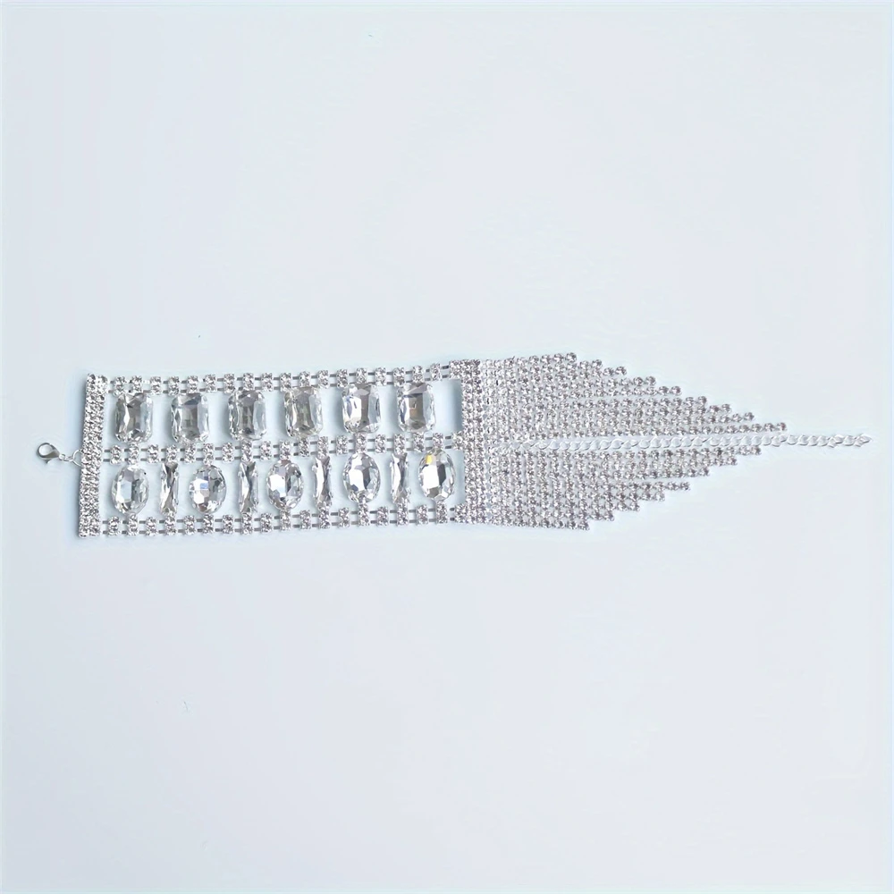 Metal Color: SILVER PLATED - 1pc Exquisite Sparkling Tassel Crystal Bracelet Jewelry Personalized Sparkling Nightclub Party Rhinestone Ball Party Accessories