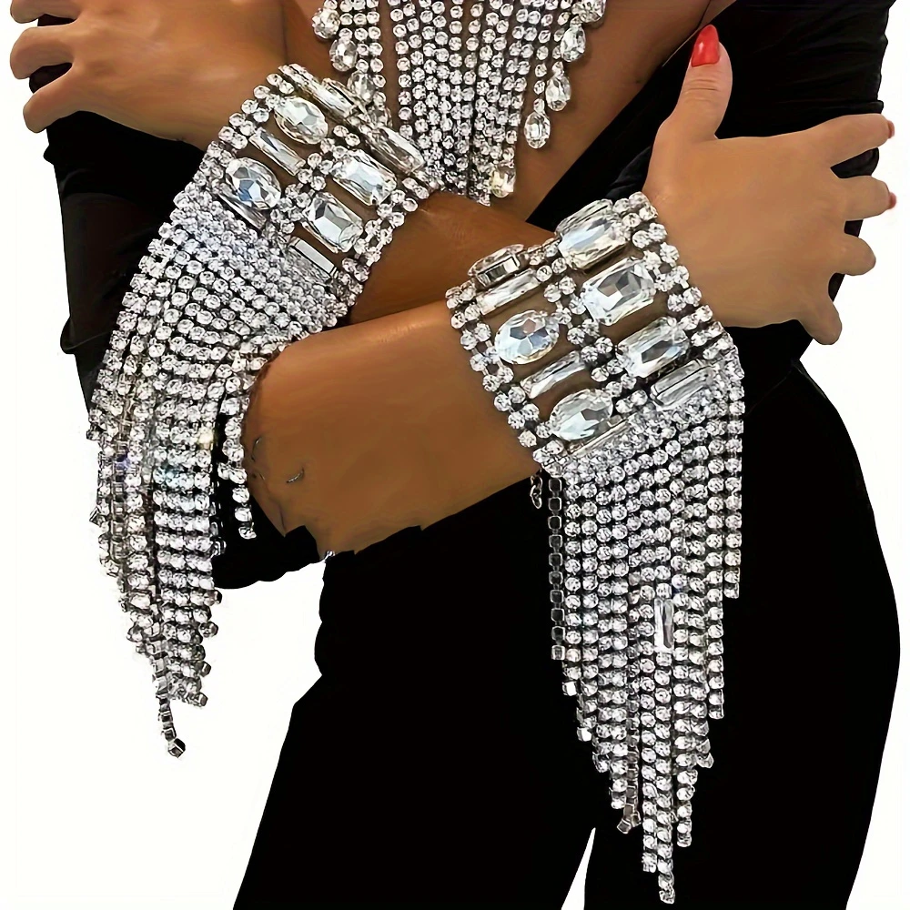Metal Color: SILVER PLATED - 1pc Exquisite Sparkling Tassel Crystal Bracelet Jewelry Personalized Sparkling Nightclub Party Rhinestone Ball Party Accessories