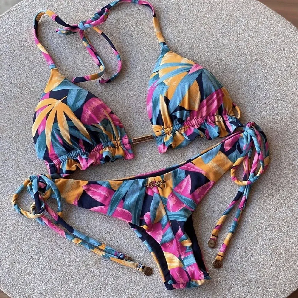 Color: Beige, Size: L - RUOTONGSEPT Sexy Micro Bikinis Set 2022 New Swimsuit Women Feather Print Bandage Swimwear Female Bathing Suit Brazilian Biquinis