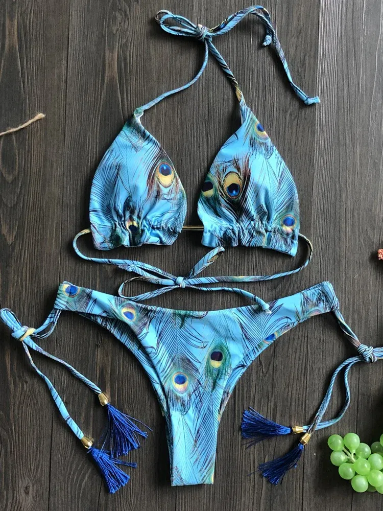 Color: Beige, Size: L - RUOTONGSEPT Sexy Micro Bikinis Set 2022 New Swimsuit Women Feather Print Bandage Swimwear Female Bathing Suit Brazilian Biquinis