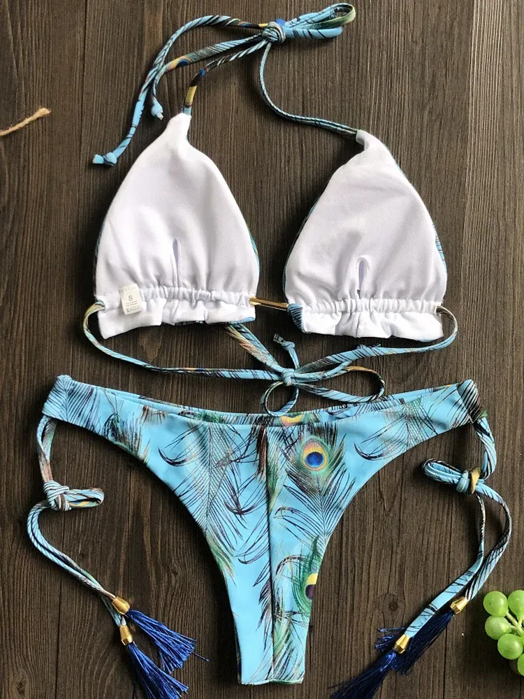 Color: Beige, Size: L - RUOTONGSEPT Sexy Micro Bikinis Set 2022 New Swimsuit Women Feather Print Bandage Swimwear Female Bathing Suit Brazilian Biquinis