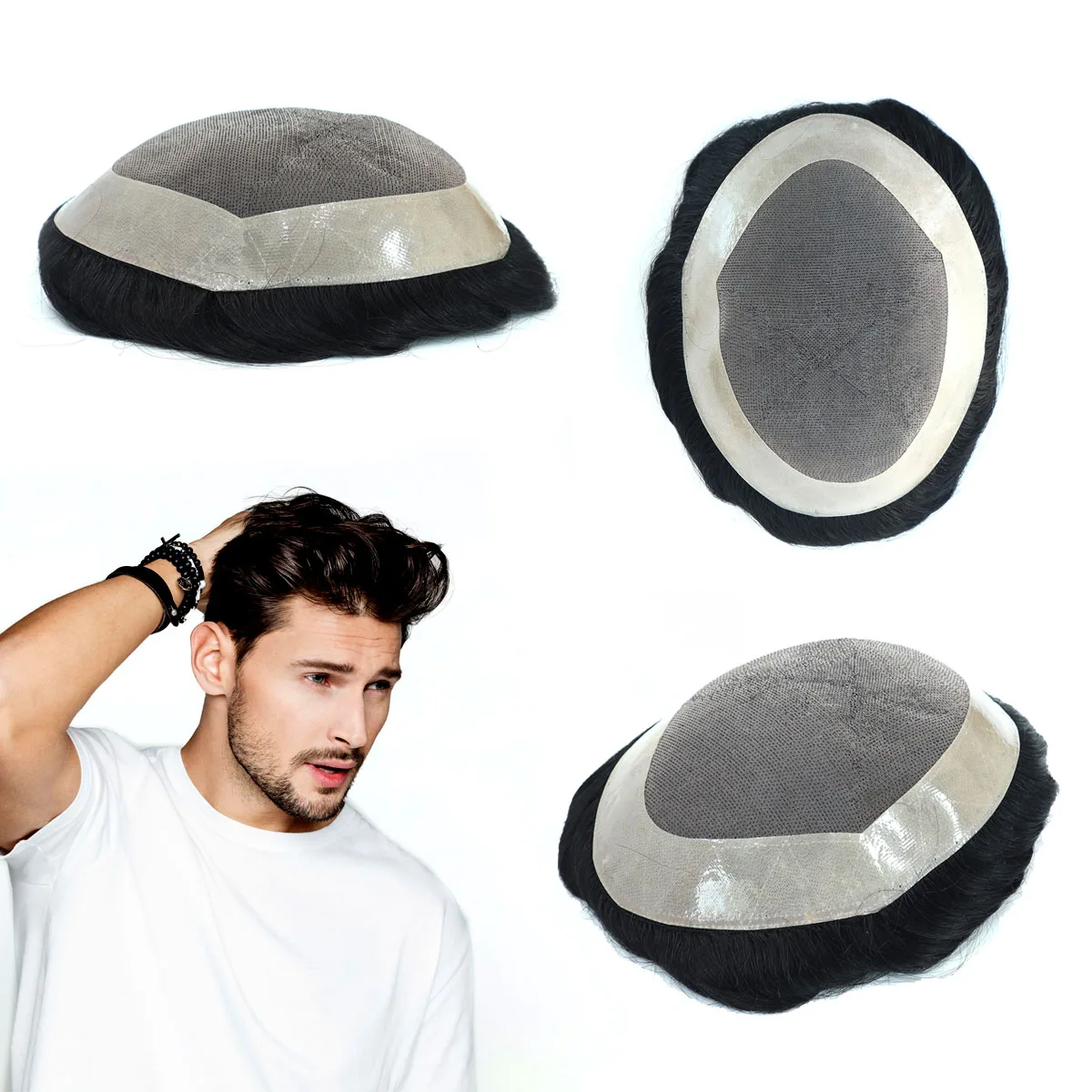 Toupee Color: 1b#, Toupee Density: 130%, Length: 6 inches, Ships From: CN, Toupee Size: 7x9, Toupee Design: free - Hywel 6 Inches Fine Mono Men Toupee Hair Men's Capillary Prosthesis Men's Wigs Replacement System Hair Natural Black Hair Units