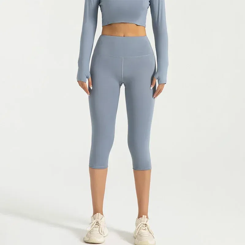 Color: GRAY, Size: L - Women's Yoga Pants High Waist Capri Pants 3/4 Leggings Exercise Seamless Abdomen Running Fitness Tights Gym