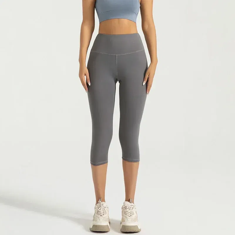Color: GRAY, Size: L - Women's Yoga Pants High Waist Capri Pants 3/4 Leggings Exercise Seamless Abdomen Running Fitness Tights Gym