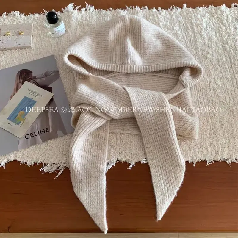 Color: Beige - Multicolor Balaclava women's autumn and winter warm wool hat scarf integrated hooded scarf knitted hat trendy