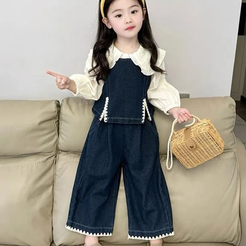 Color: Beige, Kid Size: 3T - Children's Sets 2025 Fall Girls' Denim Vest Set Stylish Shirt + Suspenders Outfit Trendy Toddler 2-Piece Jacket Ensemble