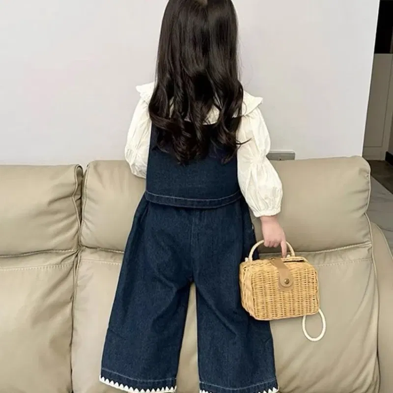 Color: Beige, Kid Size: 3T - Children's Sets 2025 Fall Girls' Denim Vest Set Stylish Shirt + Suspenders Outfit Trendy Toddler 2-Piece Jacket Ensemble