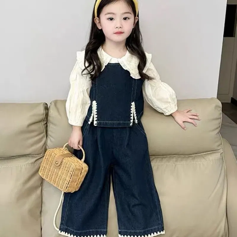 Color: Beige, Kid Size: 3T - Children's Sets 2025 Fall Girls' Denim Vest Set Stylish Shirt + Suspenders Outfit Trendy Toddler 2-Piece Jacket Ensemble