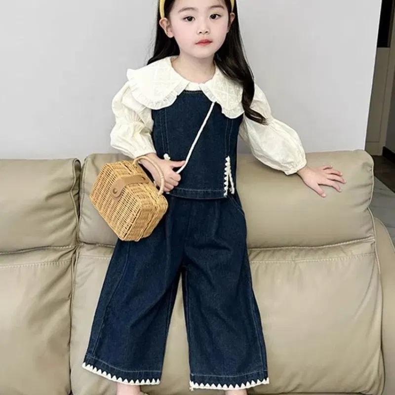 Color: Beige, Kid Size: 3T - Children's Sets 2025 Fall Girls' Denim Vest Set Stylish Shirt + Suspenders Outfit Trendy Toddler 2-Piece Jacket Ensemble