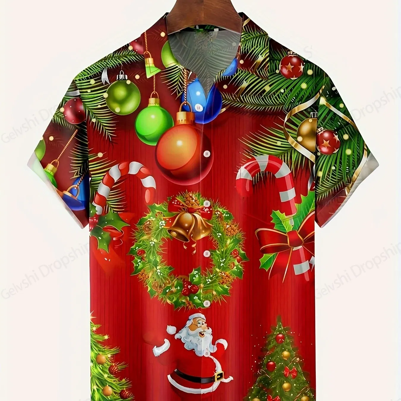 Color: Khaki, Size: M - Men's Retro Christmas Hawaiian Shirt Men Women Fashion Cartoon Santa Claus Shirts Short Sleeve Blouse Festive Holiday Top Elk