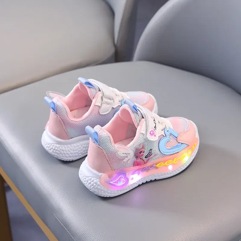Color: Pink, Shoe Size: 11 - Disney Children Led Shoes Kids Girls Sneakers Frozen Elsa Princess Lighting Shoes Pink Purple Casual Sports Shoes Size 21-31